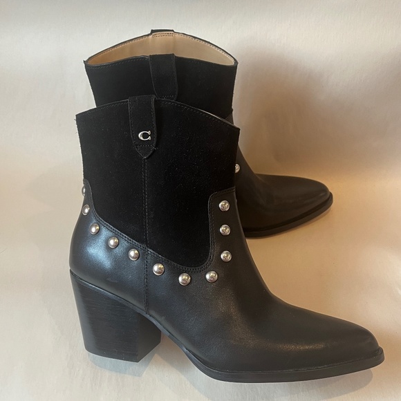 Coach Black Pauline Studded Black Leather Suede Glam Rock Cowboy Booties Boots - Picture 9 of 15